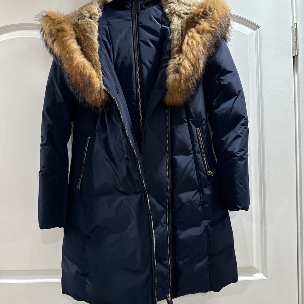 Mackage Navy Puffer Coat with Faux Fur Trim